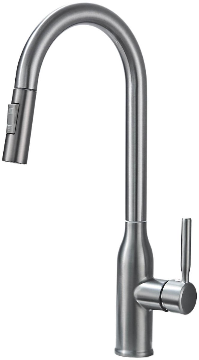 Keukenkraan met uittrekbare handdouche, Geborsteld Grijs, Enkelhendel Mengkraan, RVS, 44.5cm Hoogte 2 Waterstanden, Voor Keukenblad