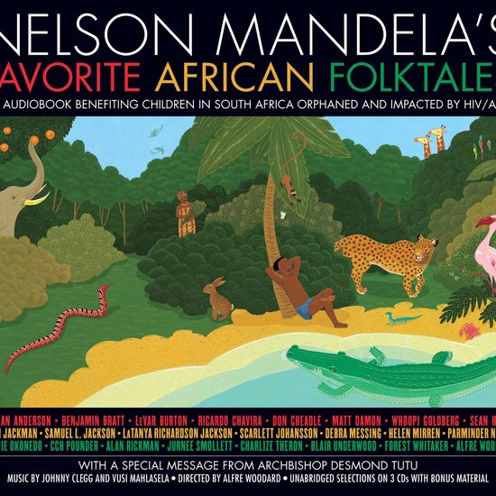 Nelson Mandela's Favoriete Afrikaanse Volksverhalen audiobook cover met illustratie van een savanne met dieren en een man die op het strand ligt.