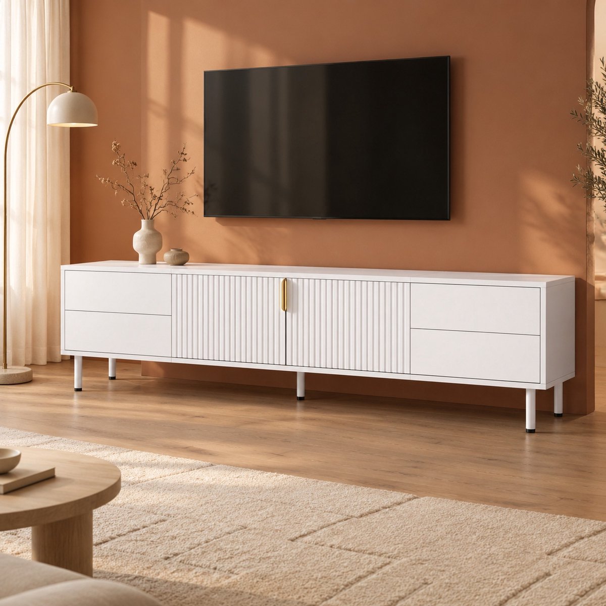 STILVORA Televisiemeubel - Vier Lades En Dubbele Riffeldeur - Voor Woonkamer - MDF En Spaanplaat - 180x40x49,5 Cm - Wit