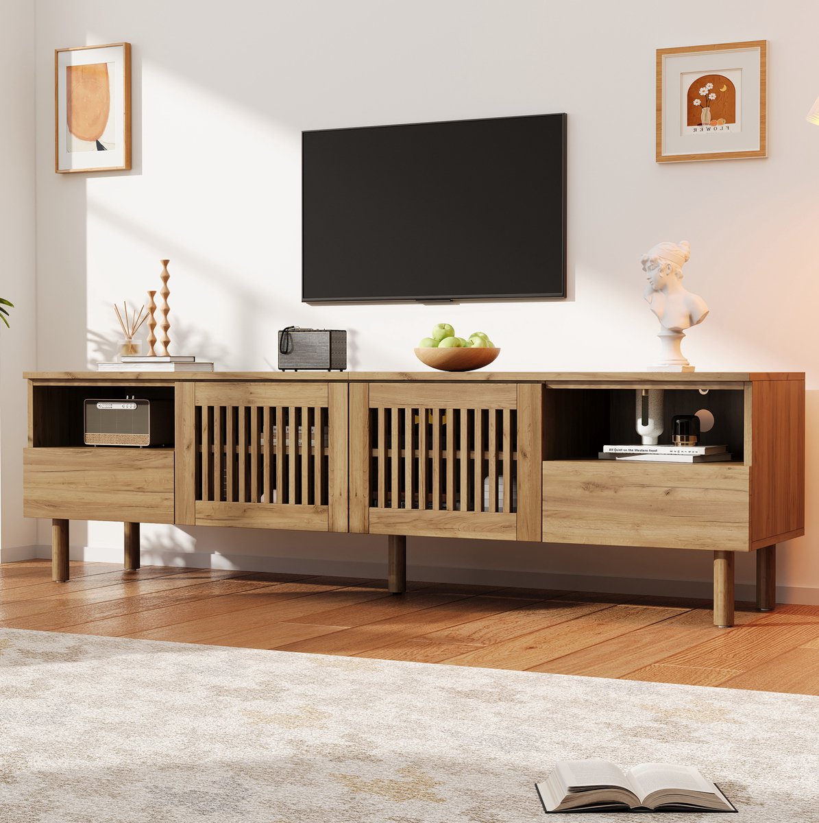 STILVORA TV-Meubel - Met 2 Roosterdeuren, 2 Lades En Open Vakken - Voor Woonkamer - MDF En Hout - 180x40x51 Cm - Natuurlijke Houtkleur Natuurlijk hout