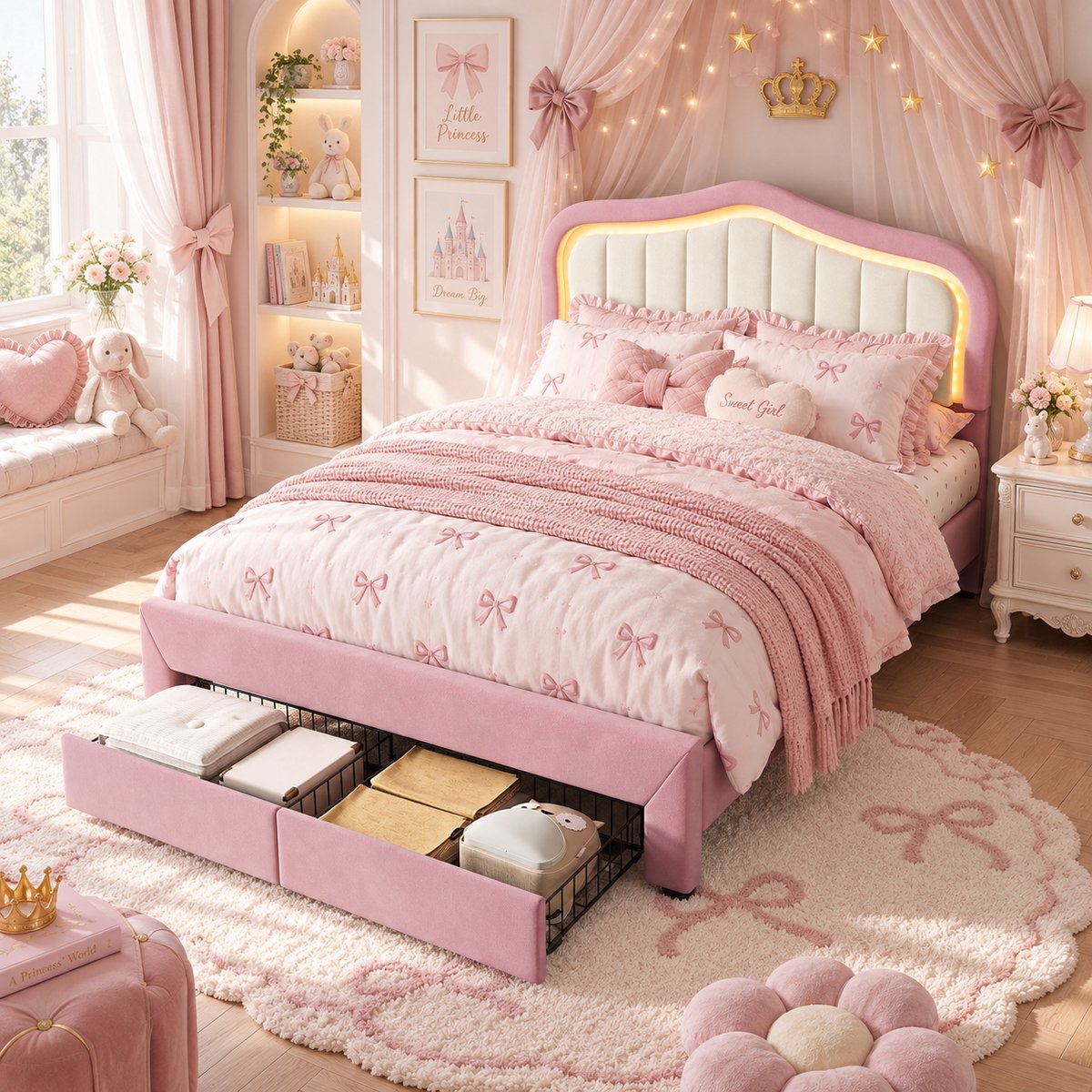 Welltin Kinderbed 140x200 cm - Tweepersoonsbed - Prinsessenbed - Gestoffeerd bed - Opbergbed - Multifunctioneel bed - Met hoofdbord - Met lade - Met led-lichtstrip - Met opbergvak - Flueel - Stevige constructie - Roze