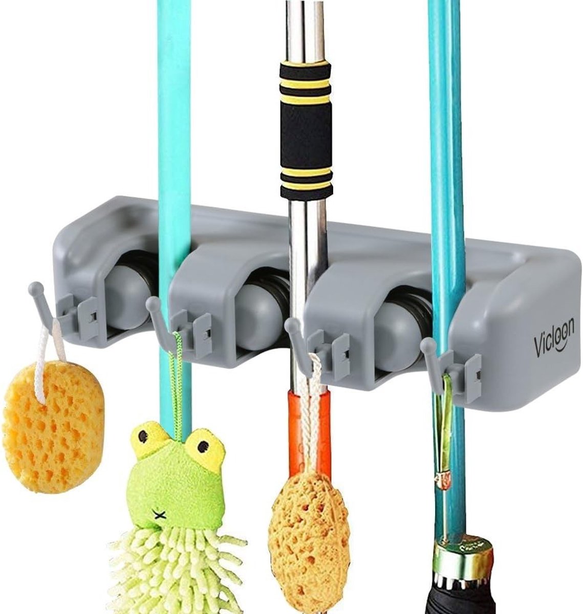 Broom Holder met 4 Haken en 3 Snelle Ontgrendelingstools voor Keuken, Badkamer en Tuin - Multifunctionele Bevestigingsoplossing