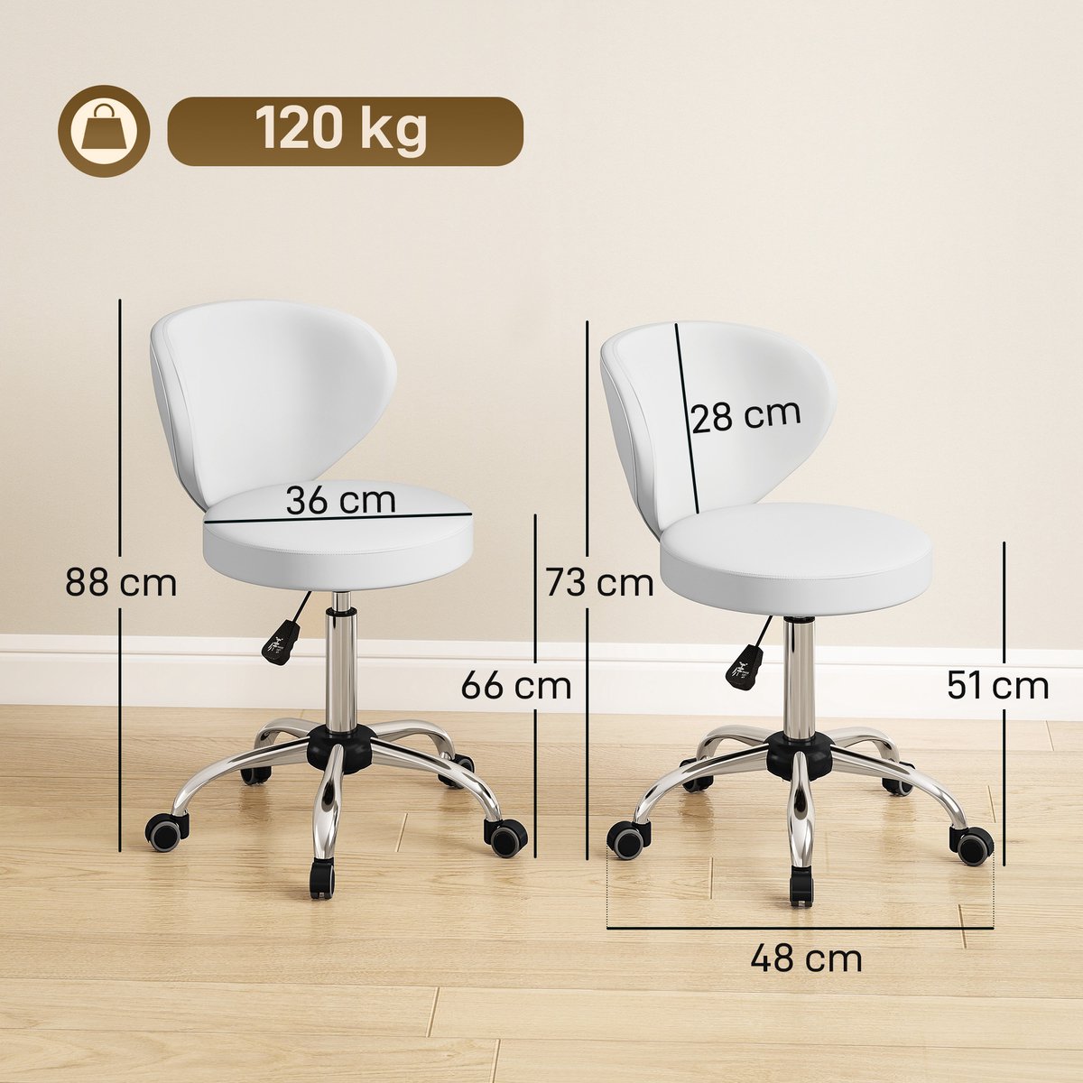 Zadelkruk - in hoogte verstelbaar 73-88 cm, 360° draaibaar, met rugleuning, op wielen, zadelzitting, tot 120 kg, wit, voor salon en massageruimte