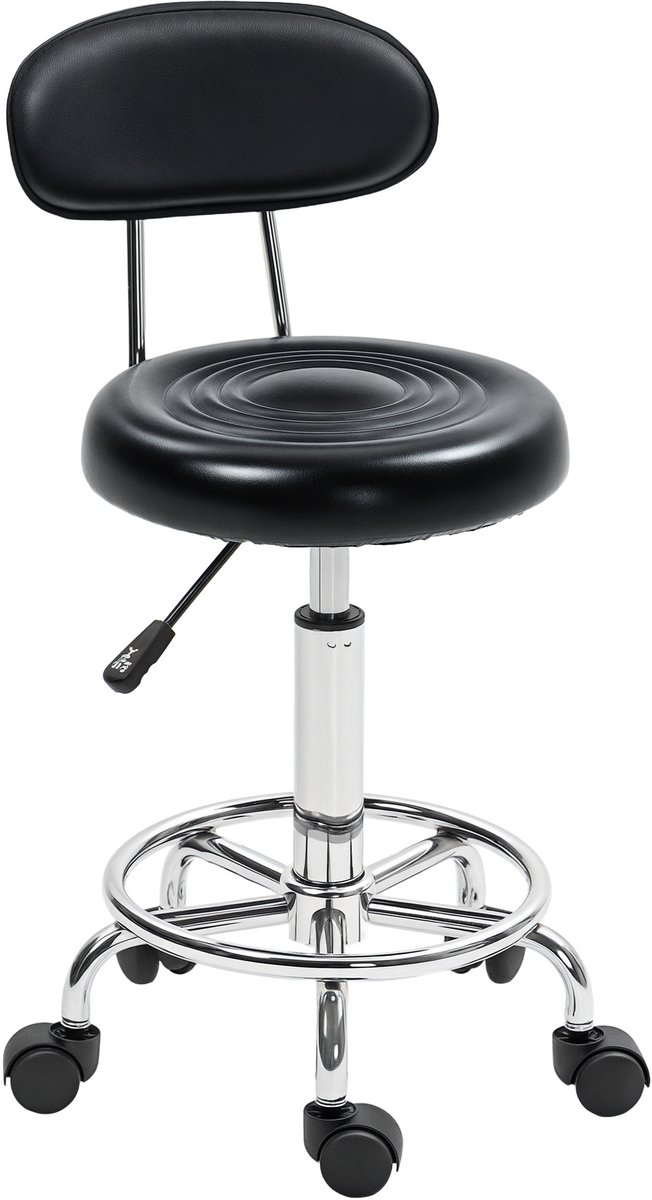Salonkruk - in hoogte verstelbaar 70-86 cm, 360° draaibaar, met rugleuning, op wielen, zwart, voor salon en thuis