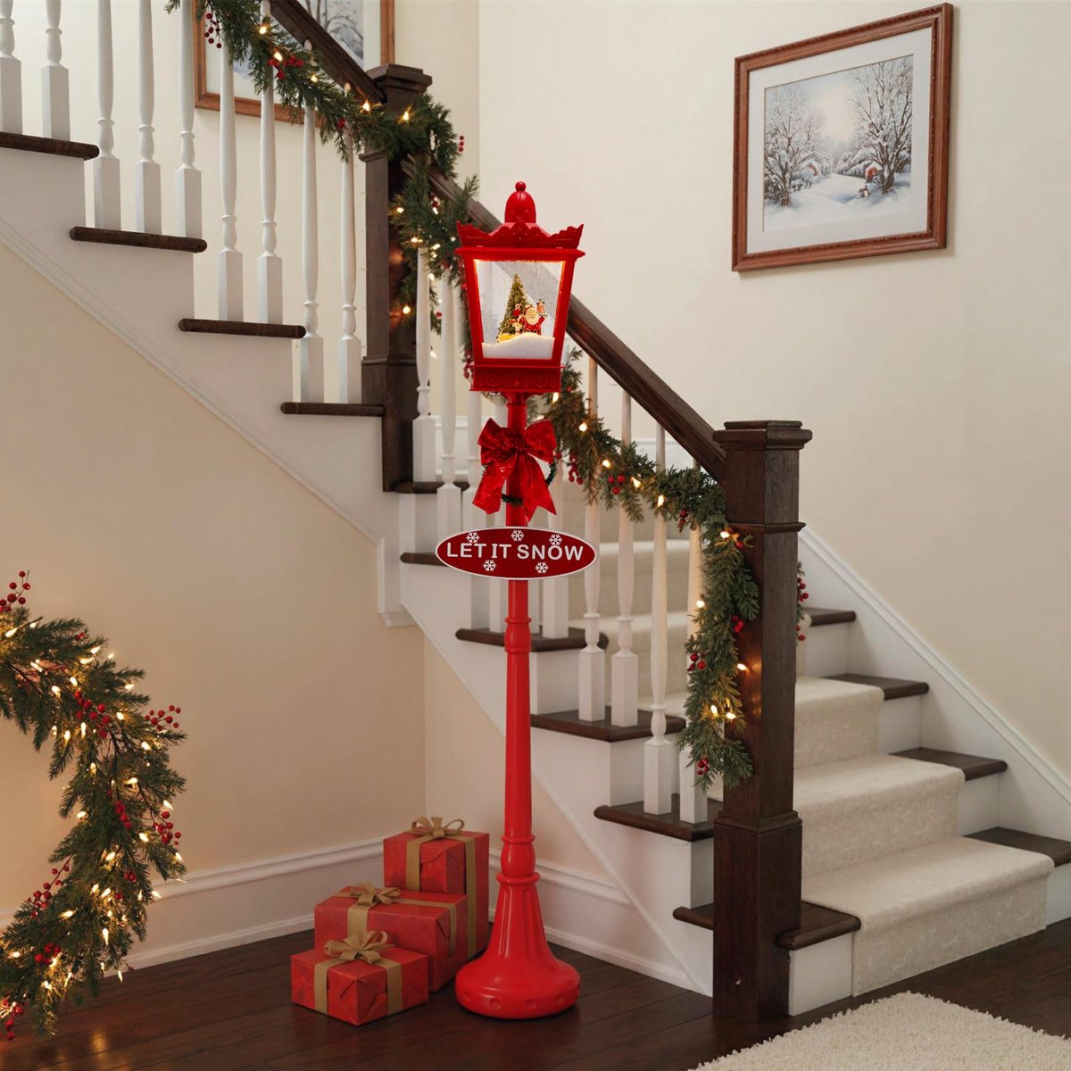 COSTWAY 185 cm kerstlantaarn, straatlantaarn met warmwitte ledverlichting, sneeuweffect, kerstman en muziek – kerstdecoratie voor huis, tuin en veranda – foto 6
