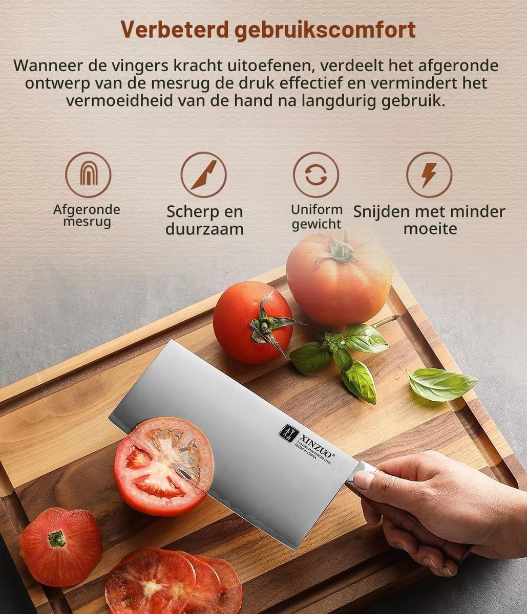 Professioneel Koksmes 18.8 cm - Drie-laags Composiet Staal - Multifunctioneel en Ergonomisch - Rood Houten Handvat - Perfect voor Koken en Snijden