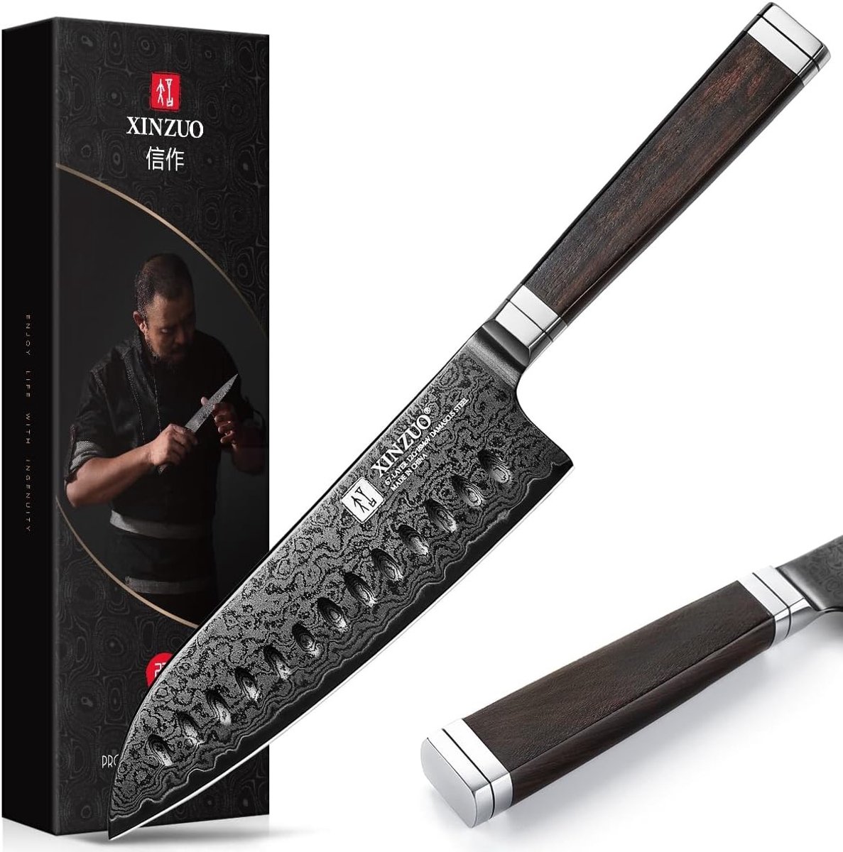 67-ply Damascus Staal 18.3 cm Santoku Mes – Professioneel Vervaardigd Koksmes met Scherpe Lemmet – Ergonomische Houten Handgreep – Perfect als Cadeau voor Kookliefhebbers