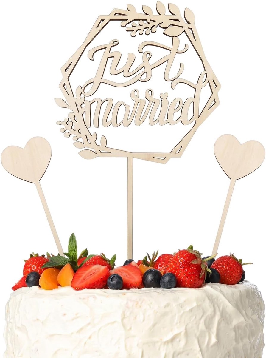 Set van 3 taarttoppers van hout, bruiloftstaartdecoratie, Just Married, plaatskaarten voor verloving, bruidsdouche, feest, bruiloft, rustieke stijl