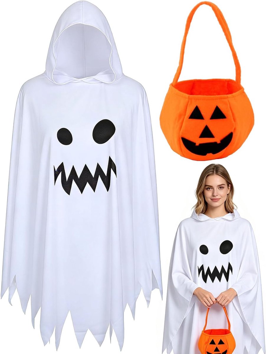 Spookkostuum, Witte Spookset Met Cape en Tas, Eng Halloweenkostuum, Voor Volwassenen Cosplay en Themafeest, Feest, Carnaval, Verkleedaccessoires(Witte)