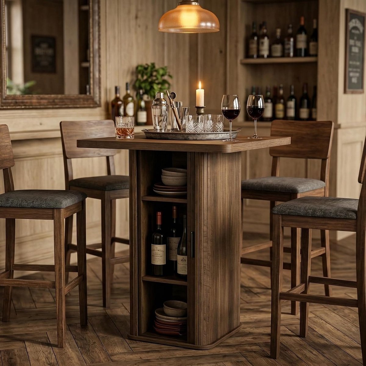 Tribesigns Bartafel - 70 x 70 x 90 cm - Cafétafel met Opbergkast - Industriële Thuisbarunit - Bruin