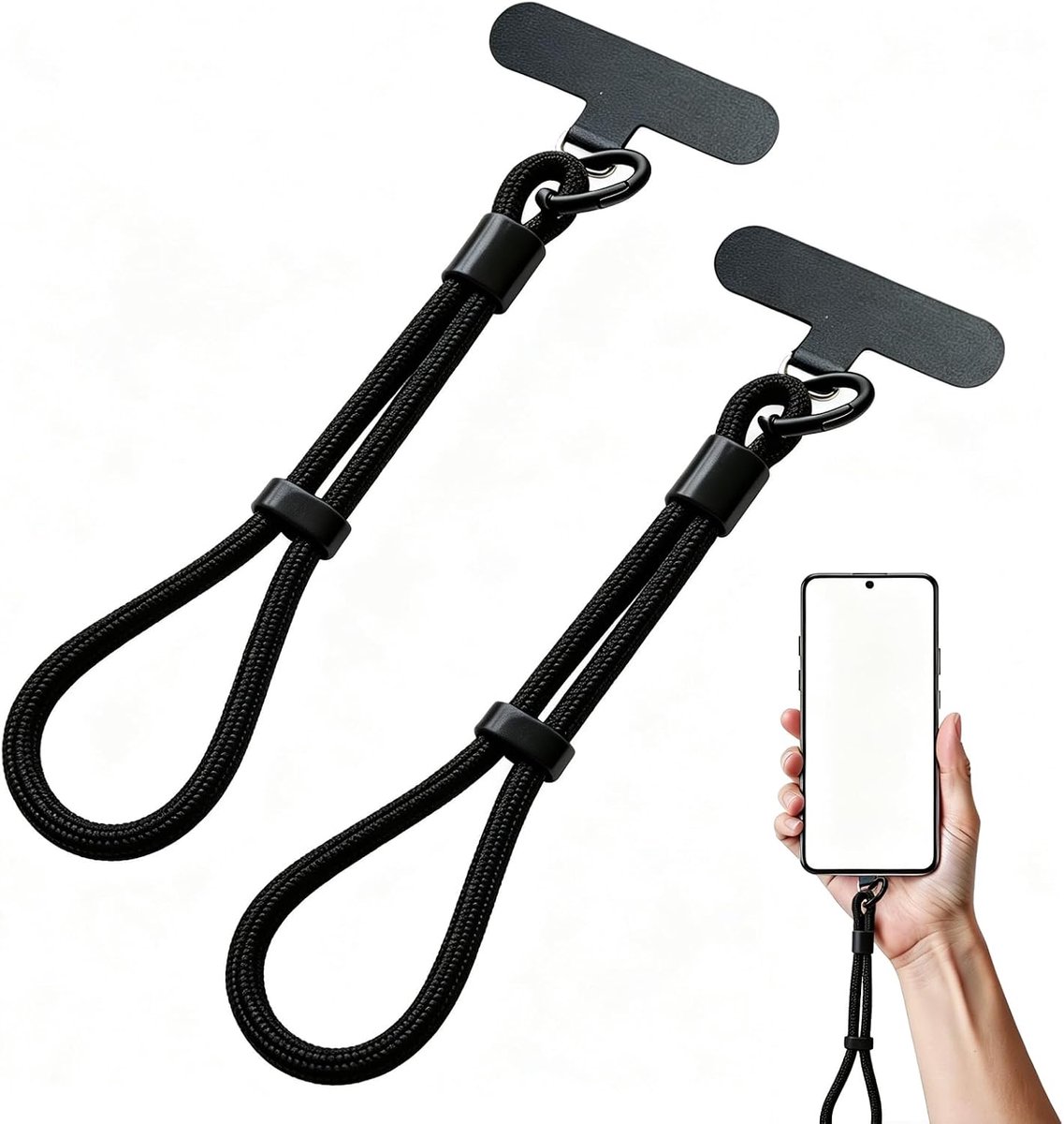 Set van 2 mobiele telefoon met draagriem, zwarte mobiele telefoonketting aan de pols