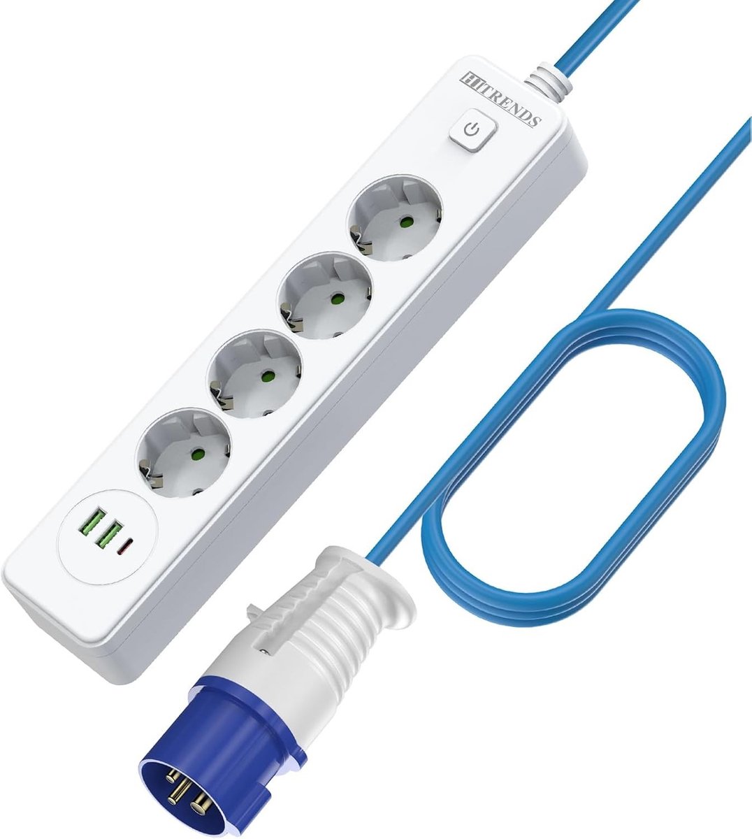 4-Way CEE Stekkerdoos met 3-Pins Plug 10A 220V 2500W voor Camping, Caravan en Tent met 5 m Flexibele Kabel