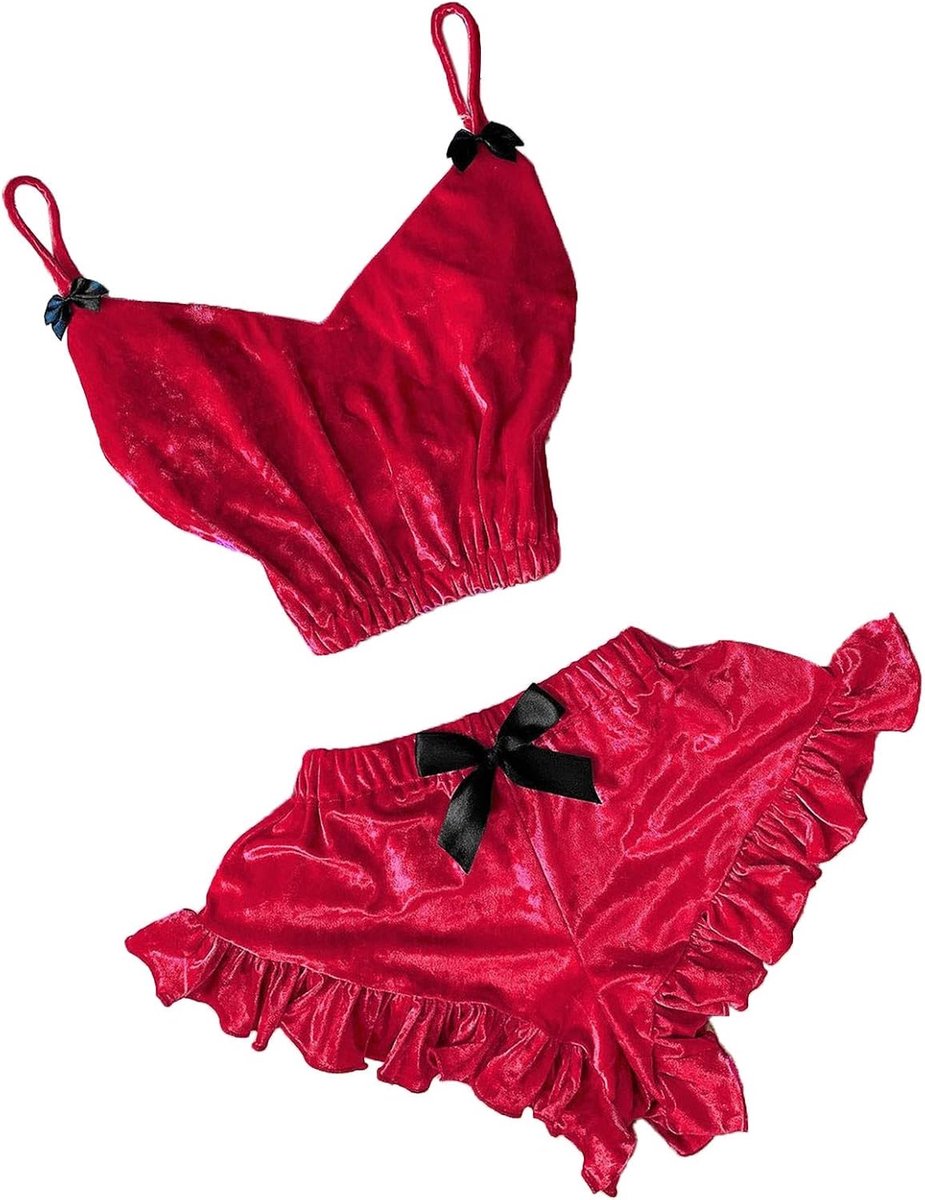 Strik hemdje vlek fluweel V-hals set dames sexy pyjama