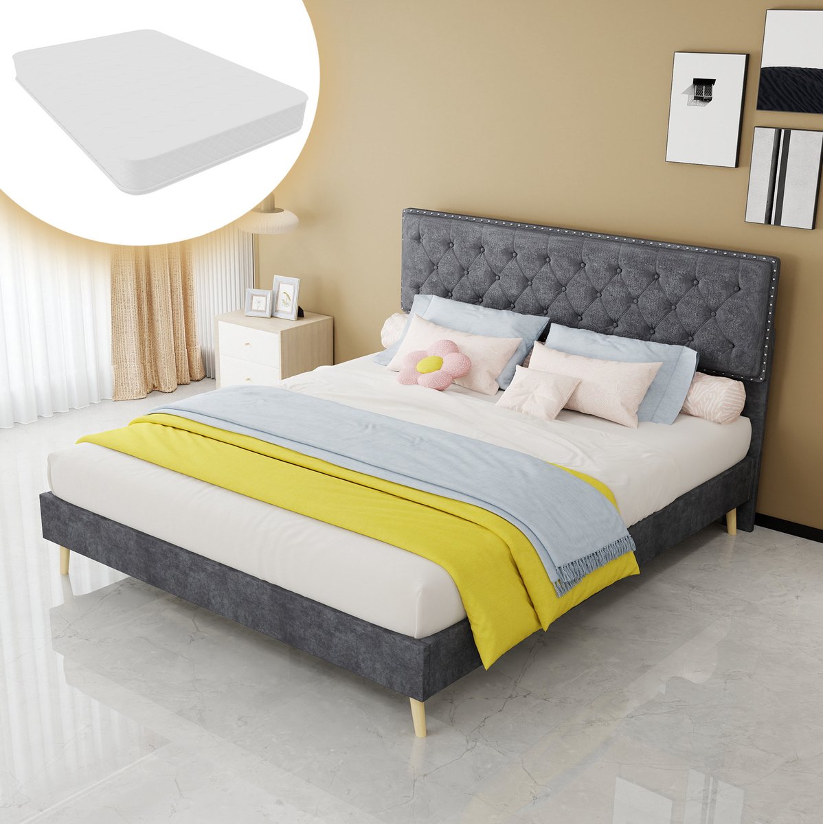 REDOM Tweepersoonsbed - Gestoffeerd hoofdbord - Houten lattenbodem - Ruimte onder bed - Stof en metaal - Grijs - 160 x 200 cm