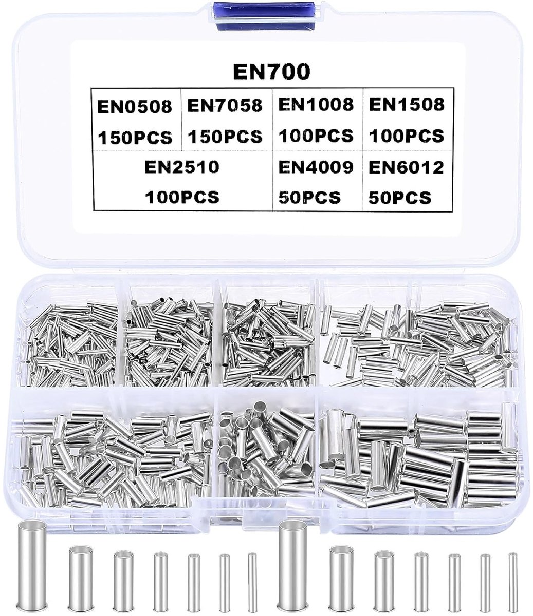 Set van 700 niet-geïsoleerde kabeluiteinden, 10-22AWG, voor DIY elektrische verbindingen en projecten, geschikt voor diverse kabeldiktes van 0.5mm² tot 6.0mm²