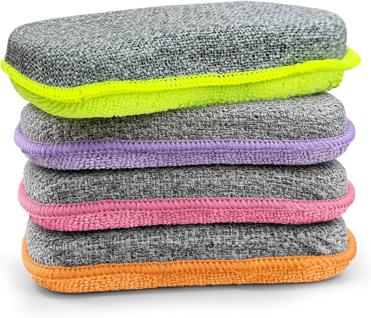 Set van 4 microvezelspons, dubbelzijdig, 4 kleuren, herbruikbaar, wasbaar, voor keuken, servies, potten, pannen, kookplaten en gootsteen