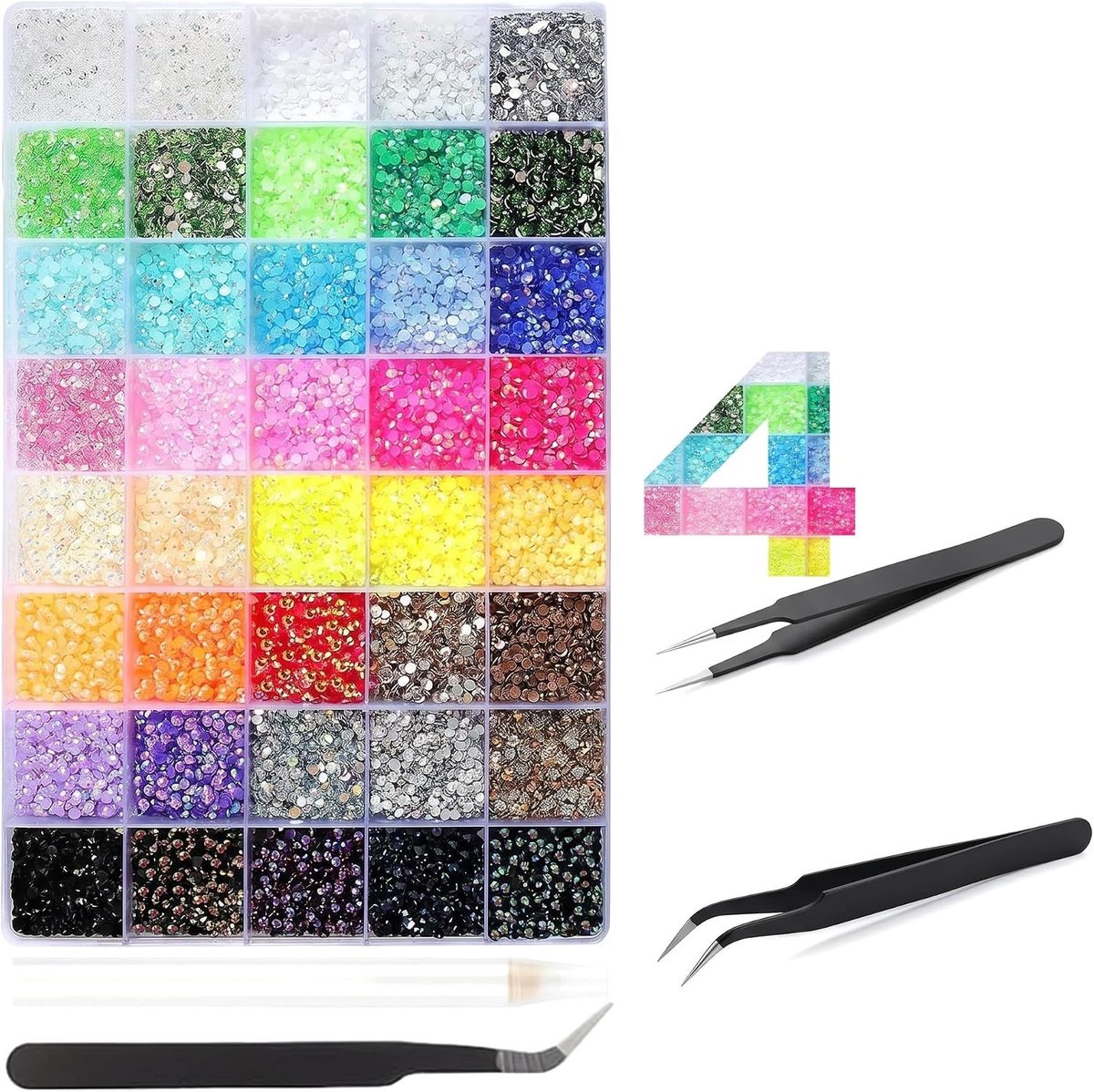 Kit, 32.000 stuks, glitterstenenset, 40 kleuren, Jelly strass-steentjes, 3 mm, strass-steentjes voor nagels, met pincet en pen voor textiel, nagels