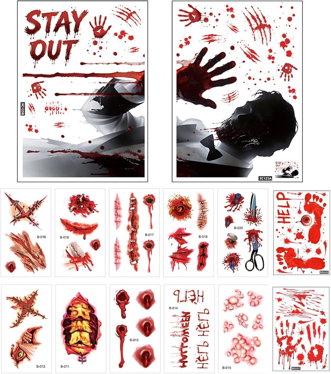 Raamstickers Halloween met zombies, bloedige handen, tijdelijke tatoeages, zelfklevend, Halloween-decoratie, griezelige raamstickers, voor ramen, deuren, spiegels, koelkast