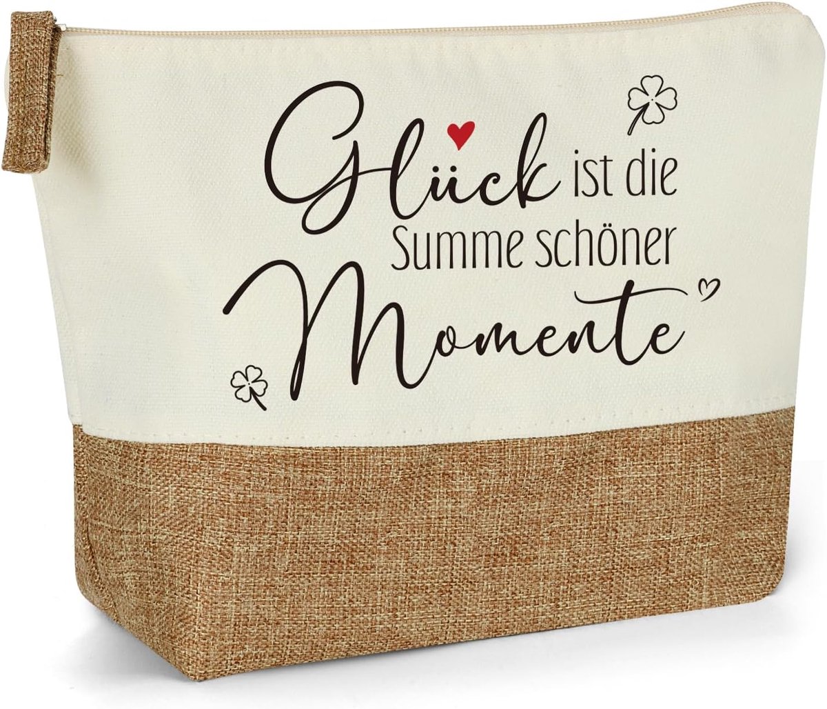 Cosmeticatas voor dames, make-uptas met geluk is de som van mooie momenten, kleine make-uptas voor vrouwen, jute make-uptas, cadeau voor vrouwen, vriendin, collega, voor verjaardag, Kerstmis