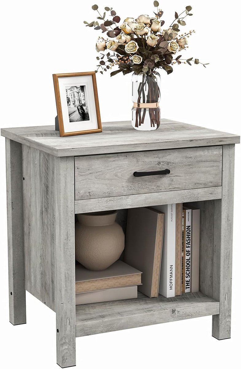 Danky Nachtkastje Hout Grijs met Lade en Plank - Modern Bijzettafeltje