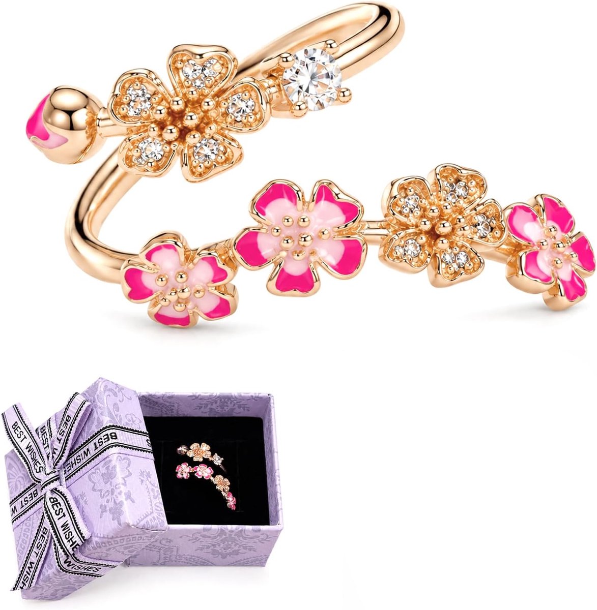Ring, verstelbare bloemenring voor dames, delicaat bloemendesign