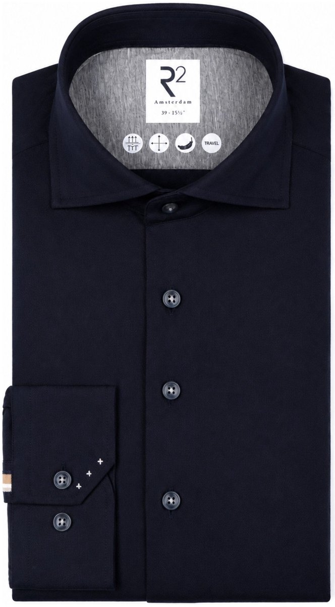 R2 Overhemd Knitted Herringbone Donkerblauw (navy) - Maat 43 - Heren - Overhemden Formeel