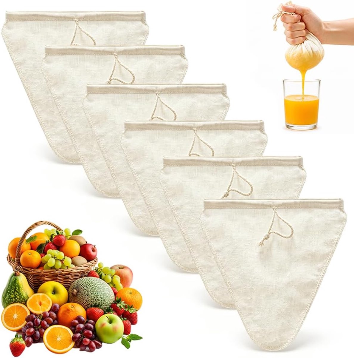 6 stuks notenmelkzakken, natuurlijke hennepfilterzakken, 28 x 30 cm, herbruikbare zeefdoek met trekkoord, voor zelfgemaakte kaas, noten, fruit, groenten, yoghurt en het zeven van levensmiddelen