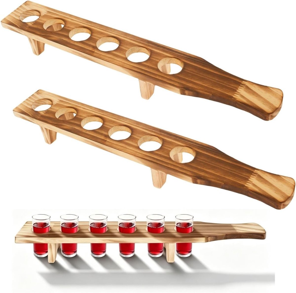 Set van 2 Drinkplanken met 6 Glazen, 3,5 cm - Houten Drinks Board voor Feestjes, Picknicks en Kamperen