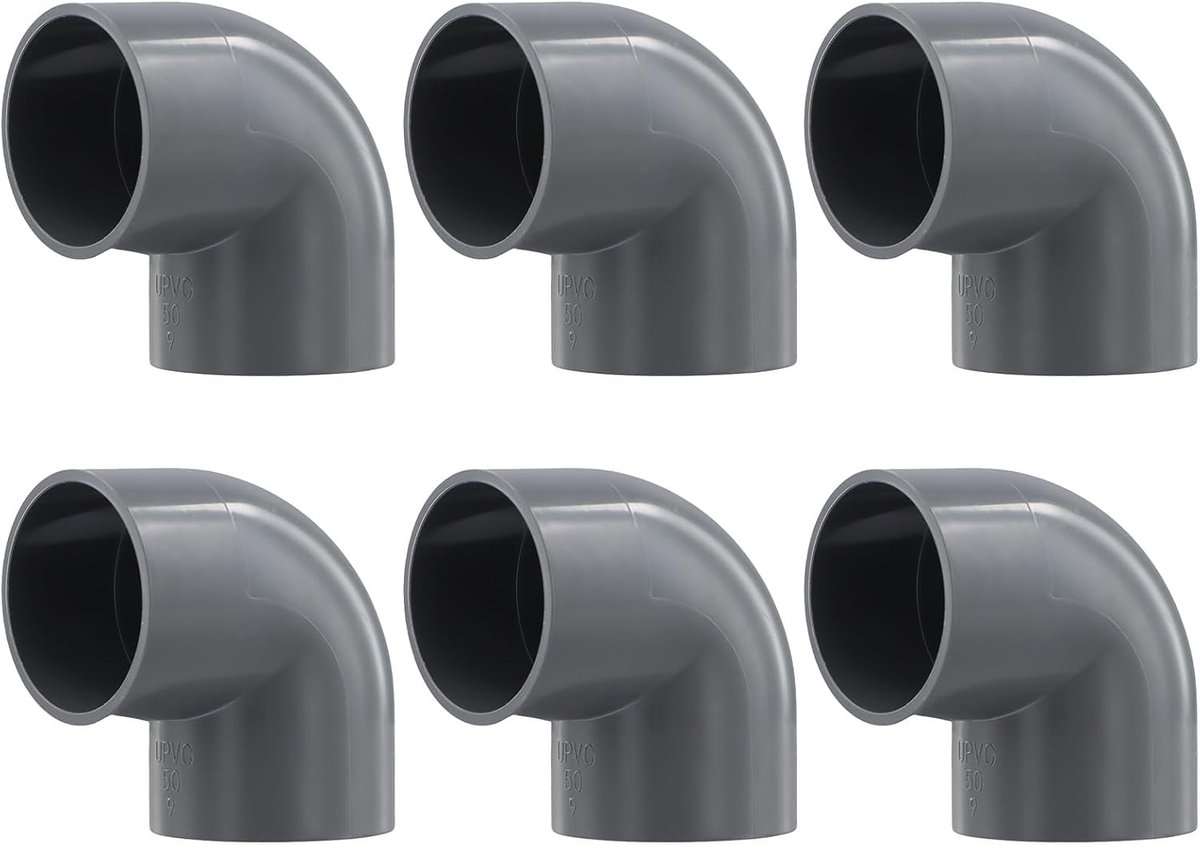 Set van 4 PVC Hoekverbinders 90°, 50mm, Grijs, U-Lijmdoos, Slangverbinding voor Zwembaden en Tuinprojecten
