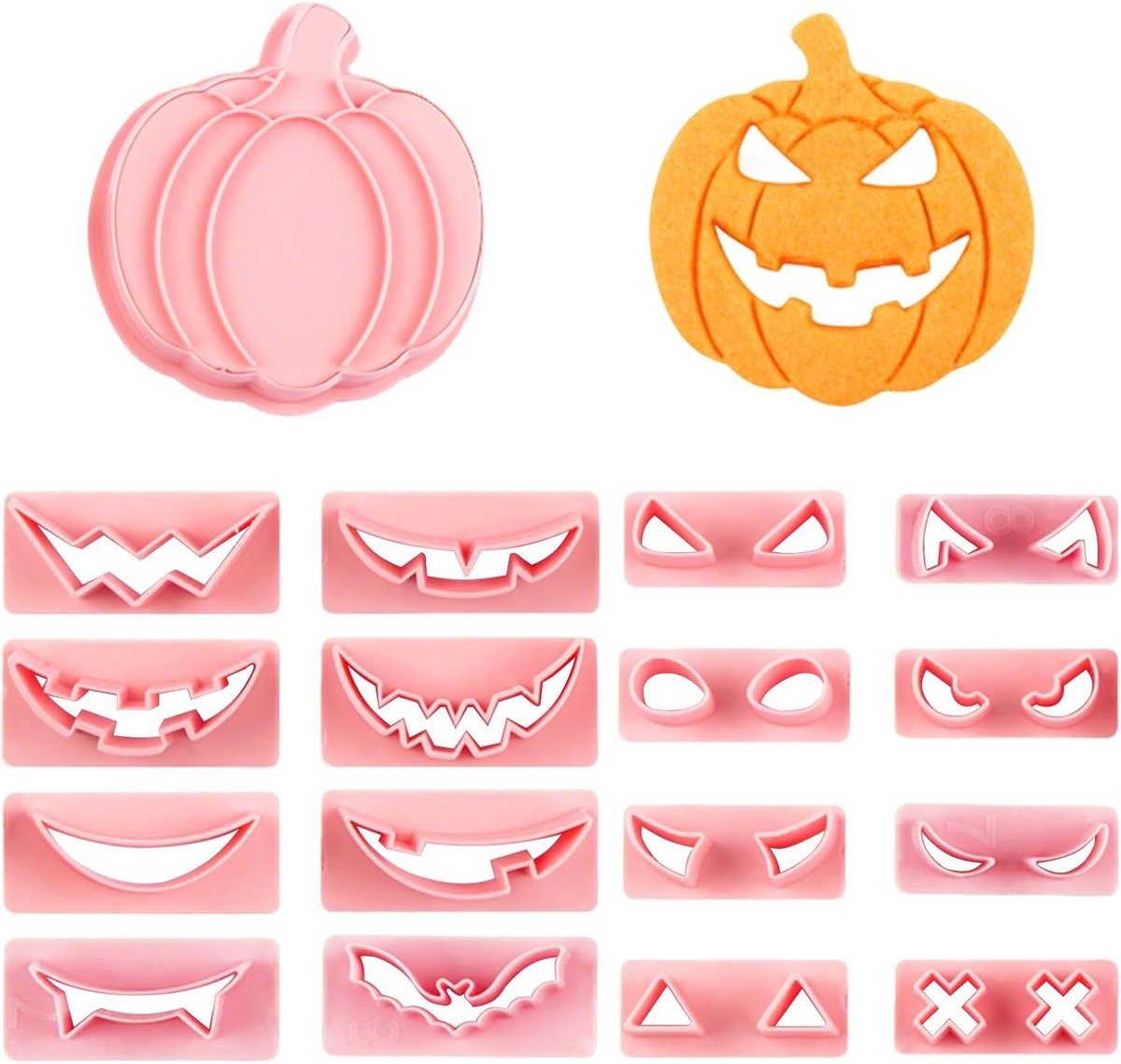 Set van 17 Halloween koekjesuitsteekvormpjes van PP-materiaal, inclusief 16 grimace emoji-vormen en 1 pompoen, perfect voor Halloween-feestdecoraties en bakplezier