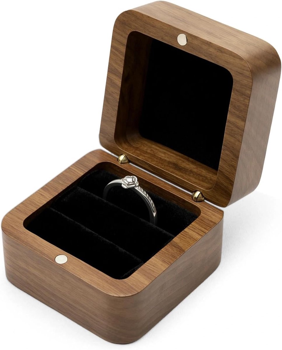 Zwarte Voering Ringendoos met Dubbele Groef 5.5x5.5x4cm - Ringendoos van Massief Notenhout, Zacht Fluweel - ShopVlot