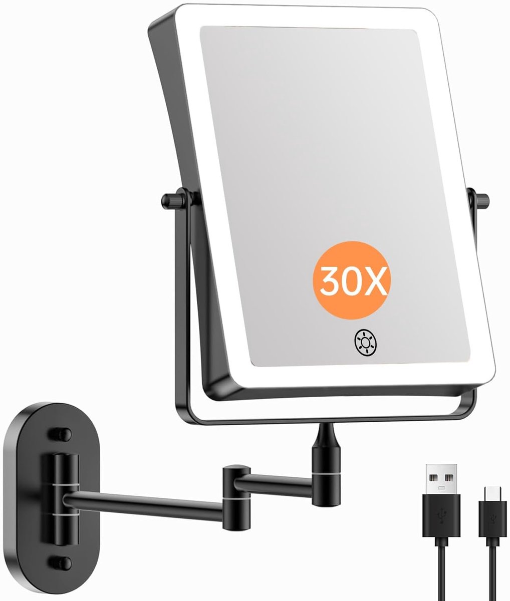SnelShoppen - Oplaadbare Make-upspiegel met LED Verlichting, 5000 mAh, 1/10x Vergroting, Dimbare Scheerspiegel, Wandmontage, 360 Graden Draaibaar, Chr
