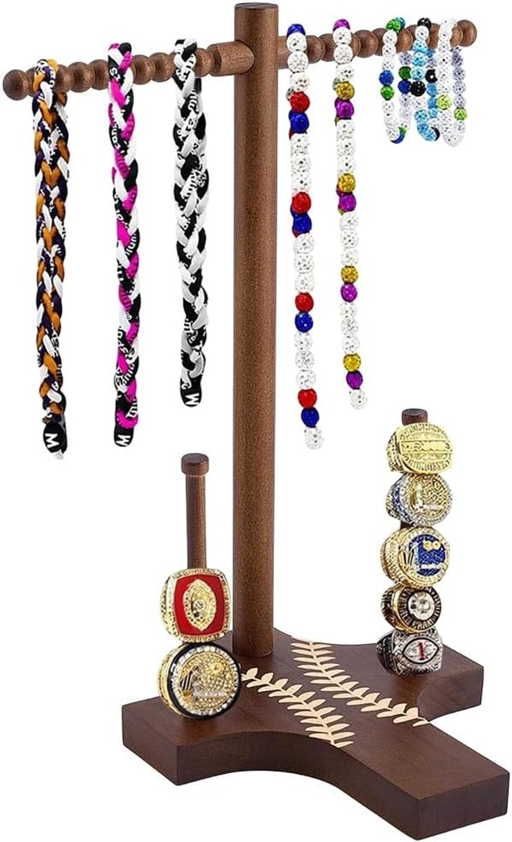 Houten Honkbal Druppel Ketting Display Houder voor Sport Kampioenschap Ringen, Softbal Memorabilia en Sieraden Showcase als Perfecte Gift voor Sportliefhebbers en Vrienden