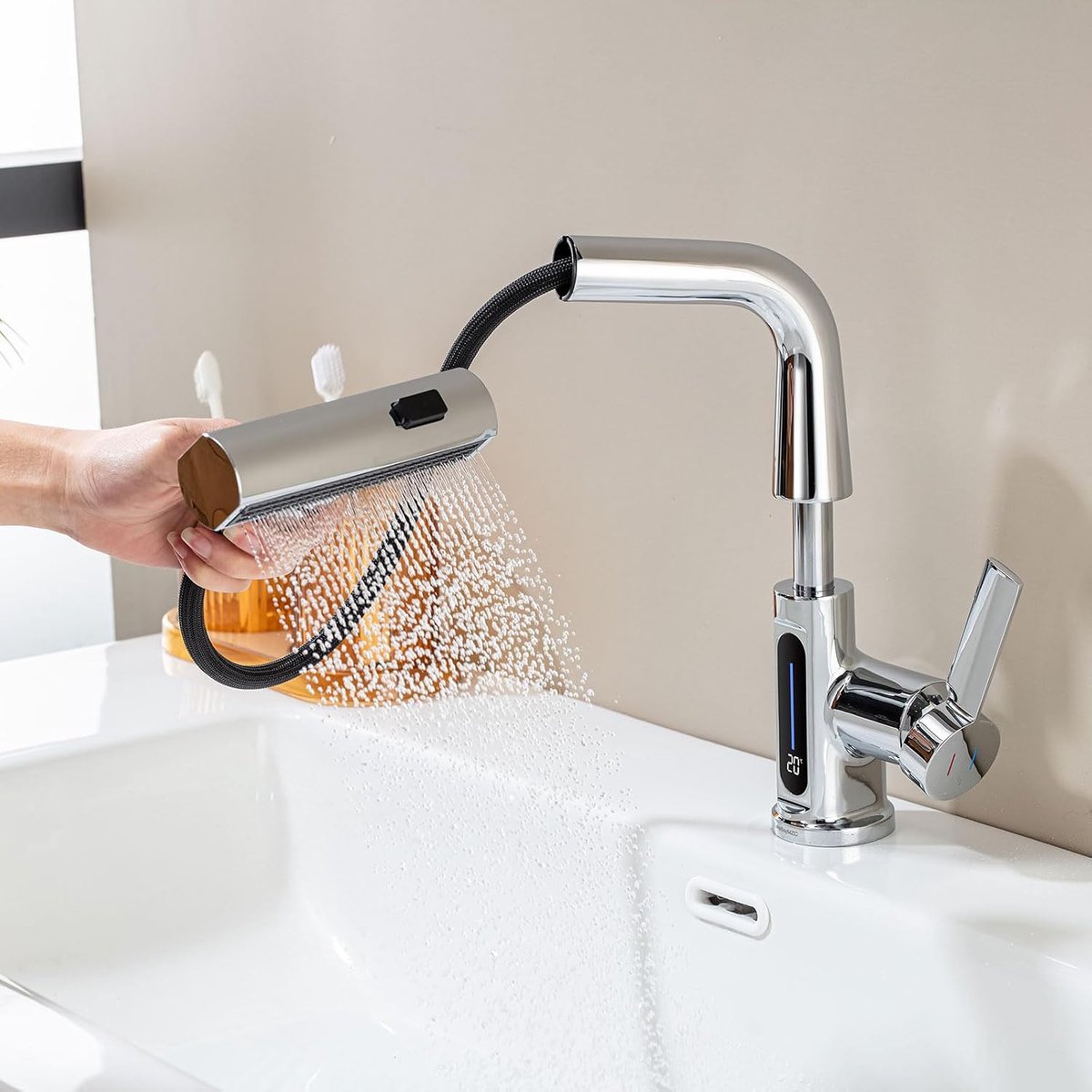 Bathroom Water Tap 360° Rotating LED Temperature Display Top Sink with 3 Water Jet Types Extendable Head Mixer Tap - ShopVlot
