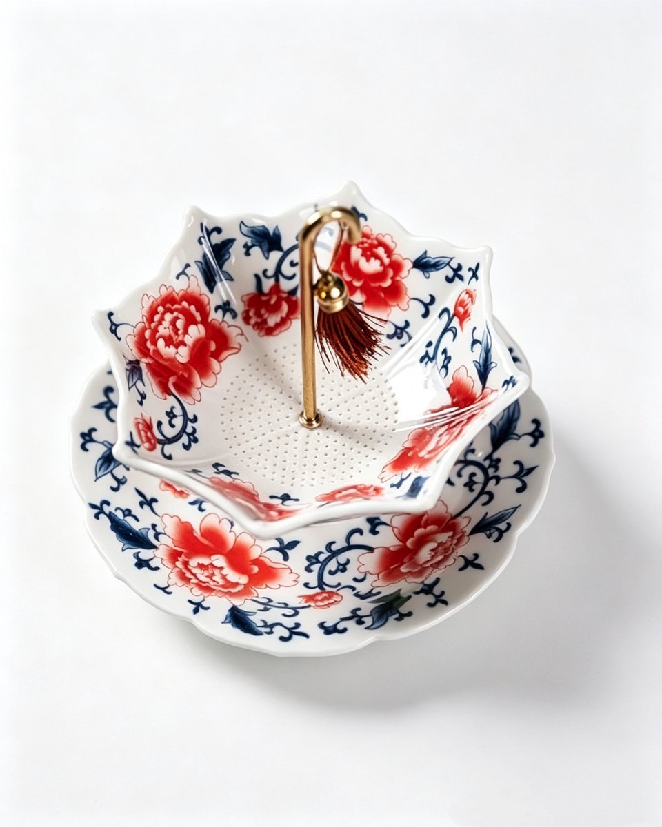 VONKELIOS®Keramische theezeef in parapluvorm - Chinese blauw‑wit porselein losbladig theefilter met roterend ontwerp, multifunctionele thee-infuser voor kung‑fu thee, koffie en brouwen (Rood)