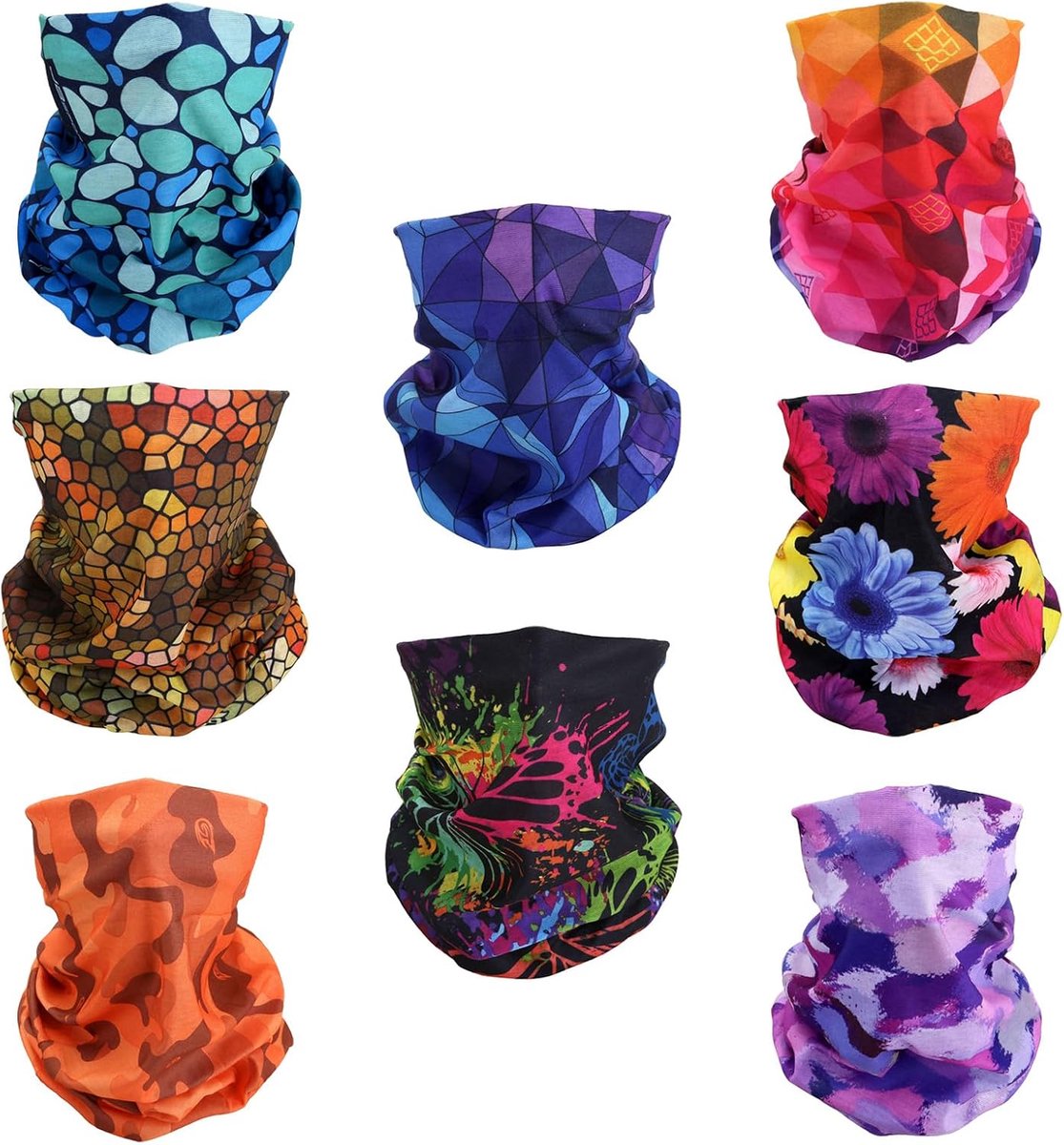 8 multifunctionele bandana's voor dames en heren, Camo Regendruppel Regenboog Hive Daisy Vlinder, One size