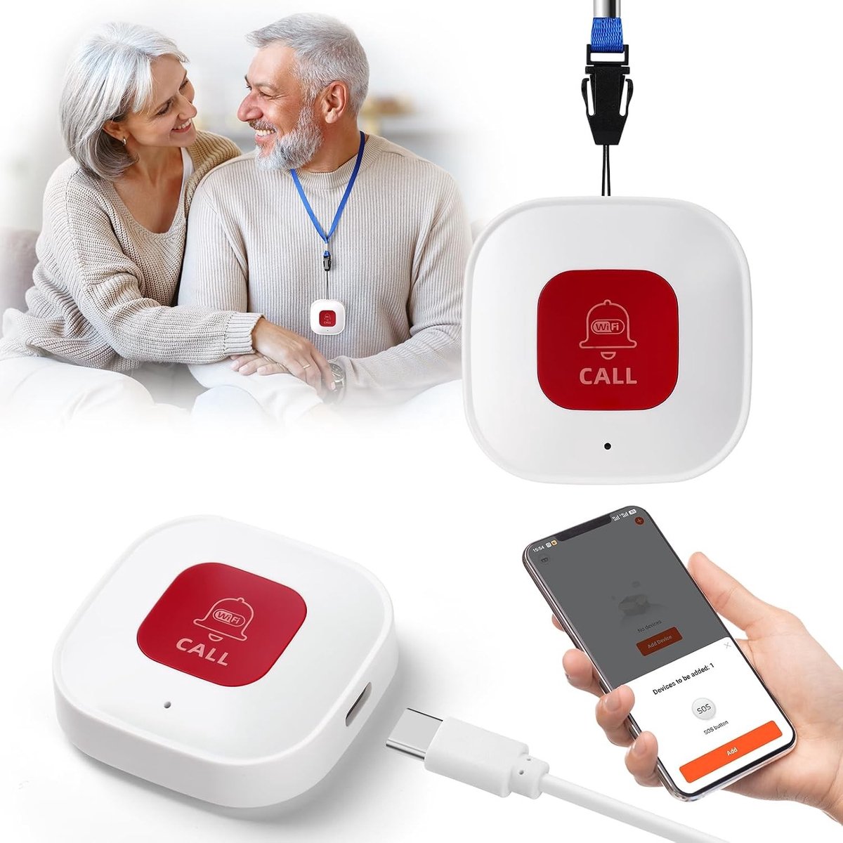 Senior Alarm voor Ouderen, Slimme WiFi Noodknop, Draadloze Paniekalarm en SOS Hulp voor Zorgverleners