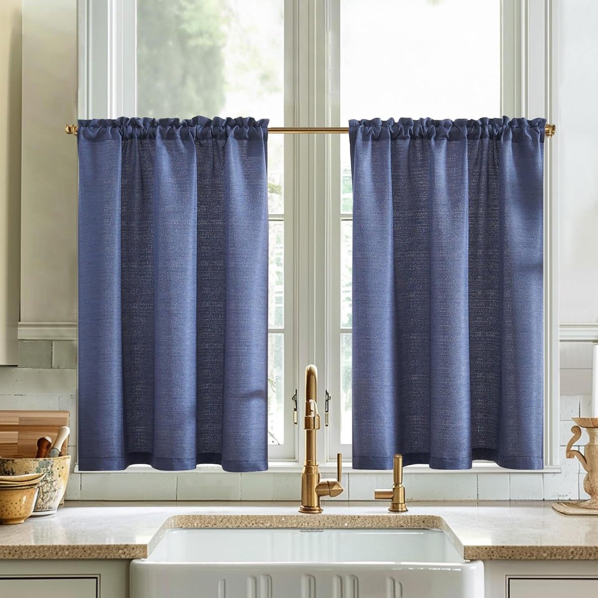 Vitrage, modern, keuken, blauw, linnenlook, lichtdoorlatend, bistrogordijn, set van 2, 90 x 60 cm, effen, kort, landhuisstijl, gordijnen voor woonkamer, slaapkamer, camper, koffiehuis