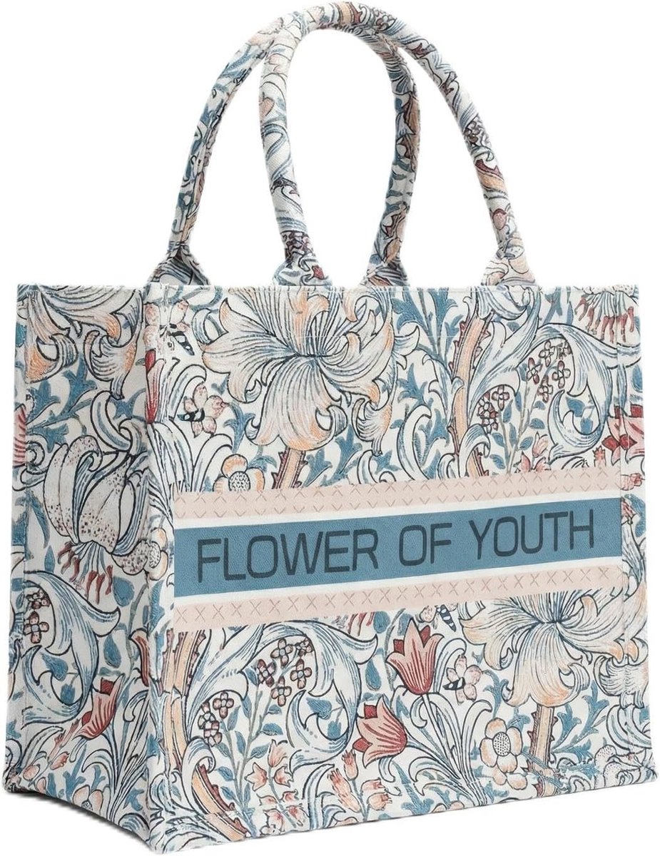 Grote Canvas Schoudertas voor Vrouwen met Bloemen- en Vlinderpatroon, Ideaal voor Winkelen, Universiteit en Reizen, 31 x 16 x 27 cm, Ruime Tas met Vele Compartimenten