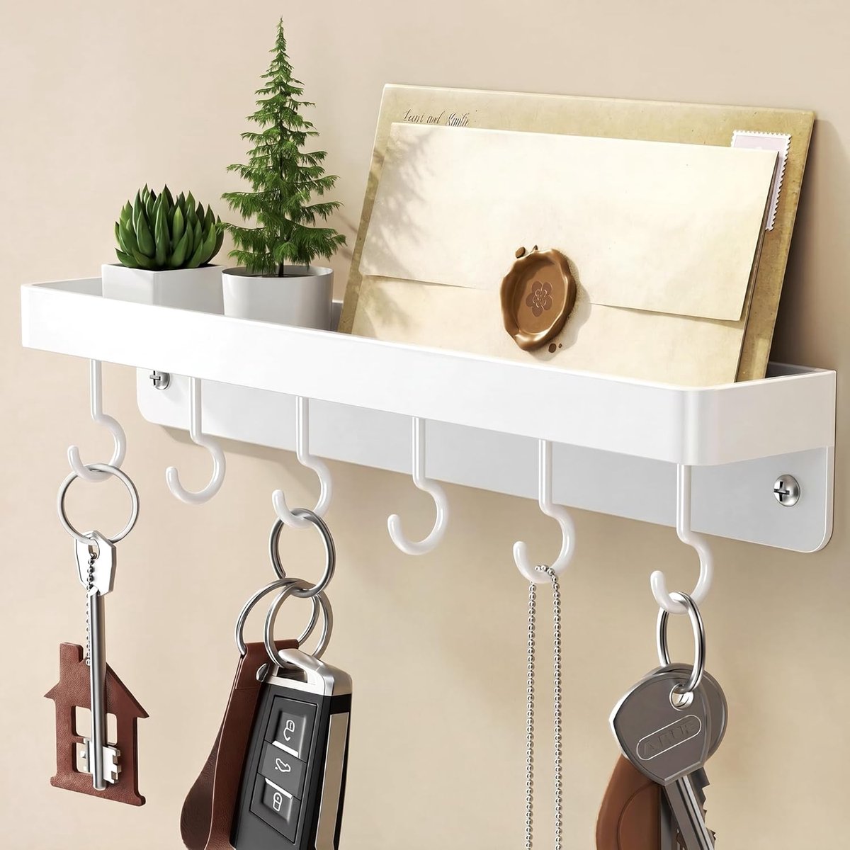 niffgaff White Key Holder, Wall Mounted, Stainless Steel, Self-Adhesive Hook Strip with Shelf, No Drilling, Key Hook - ShopVlot