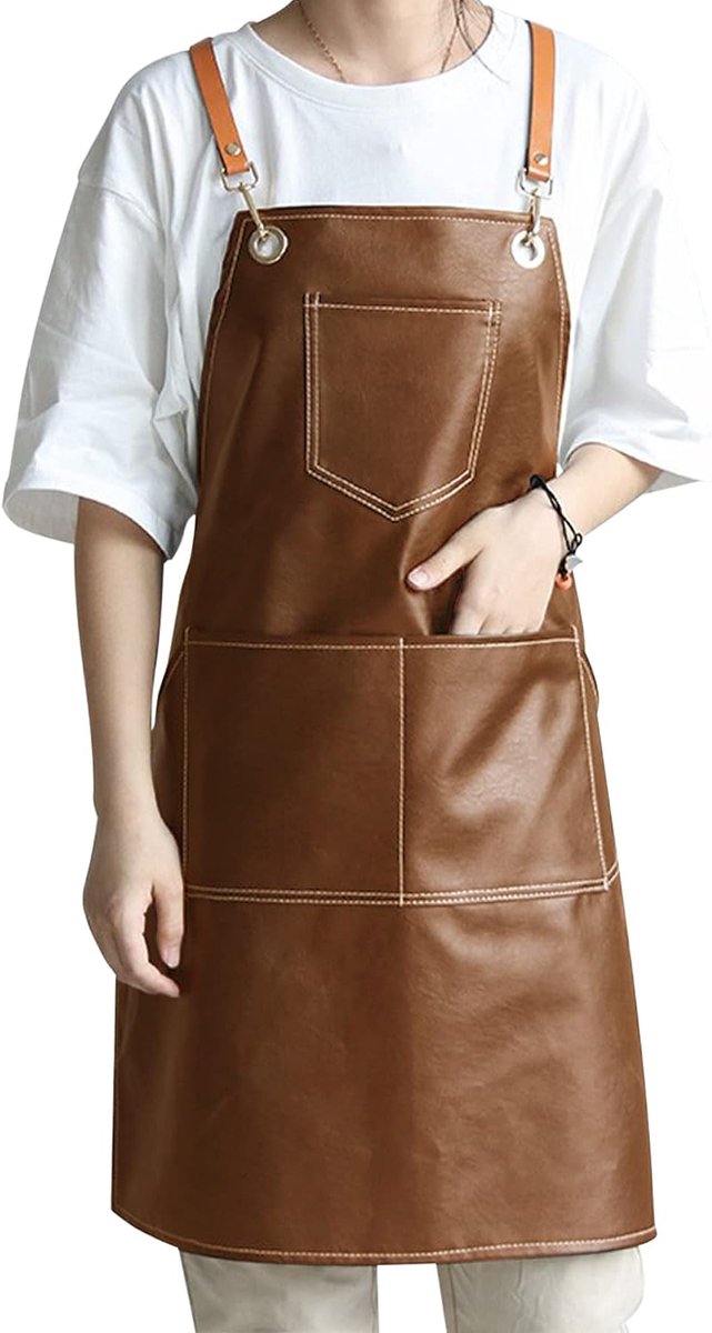 Retro Leather PU Apron Unisex Crossback Kitchen Apron with 5 Pockets Adjustable Waterproof Apron for Men Women Chef - ShopVlot