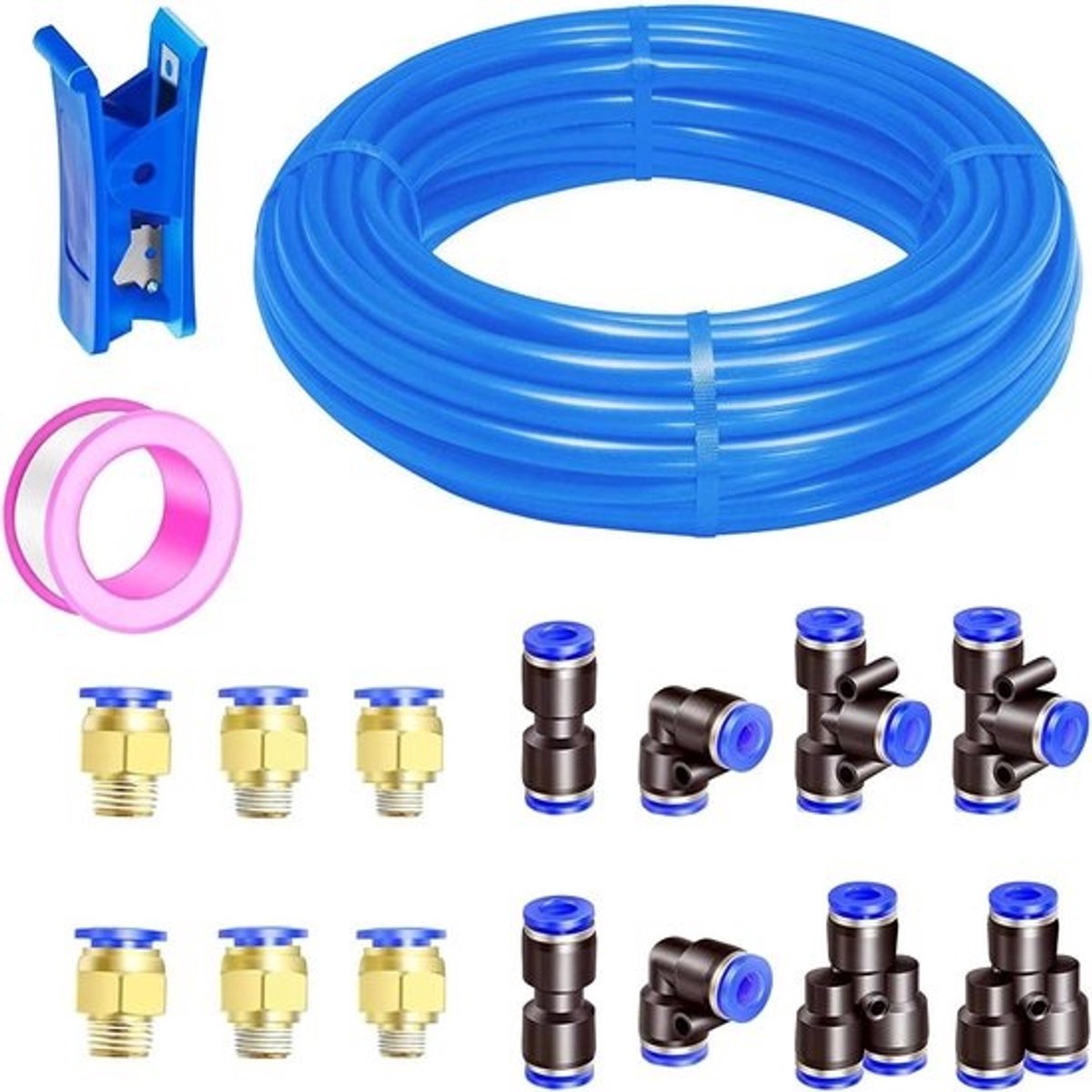 Blauwe polyurethaanbandslang - 10 mm buitendiameter - Set van 14 bandenconnectoren - Buissnijder - Rol plakband