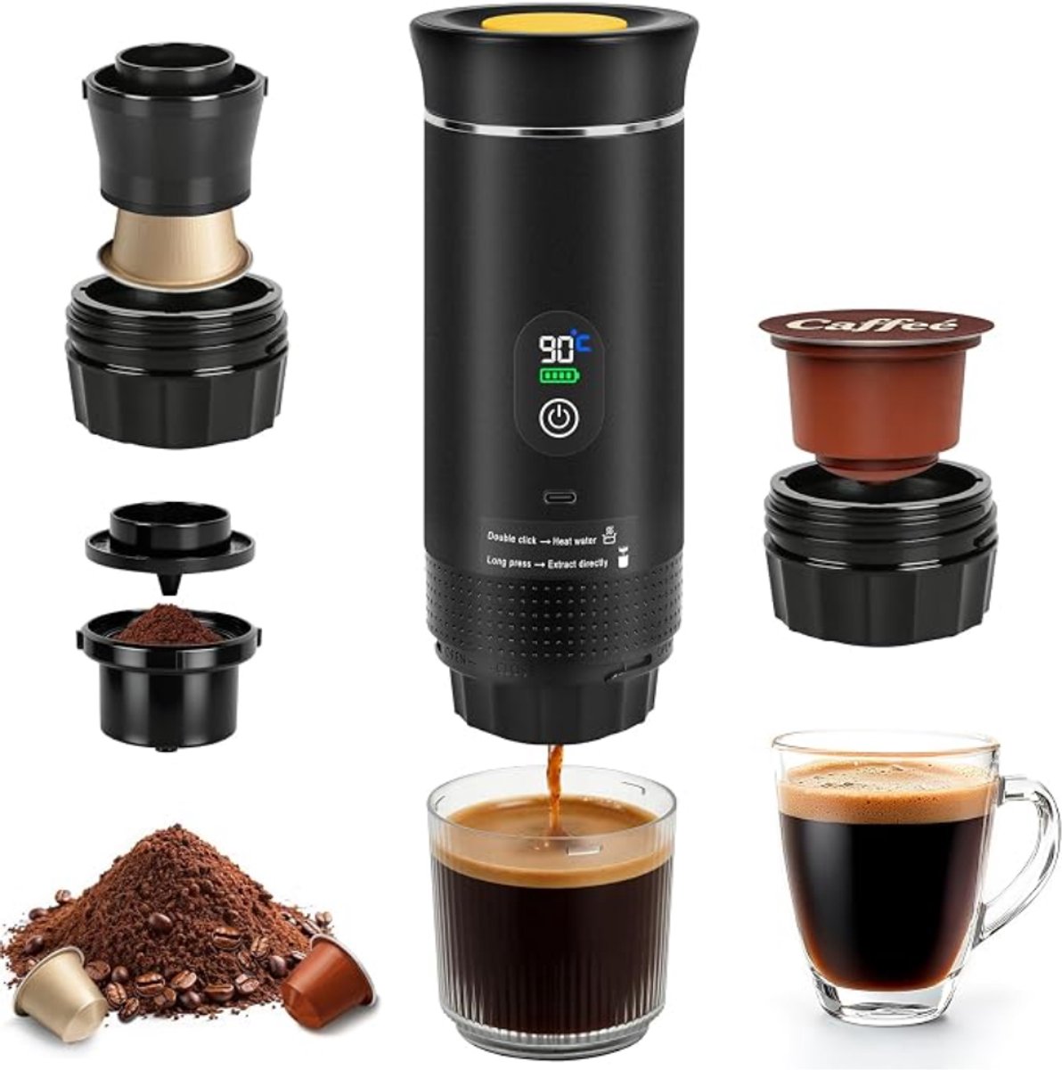 DYVNS® Koffiecupmachine 3-in-1 - Draagbare Espressomachine - Voor Capsules en Gemalen Koffie