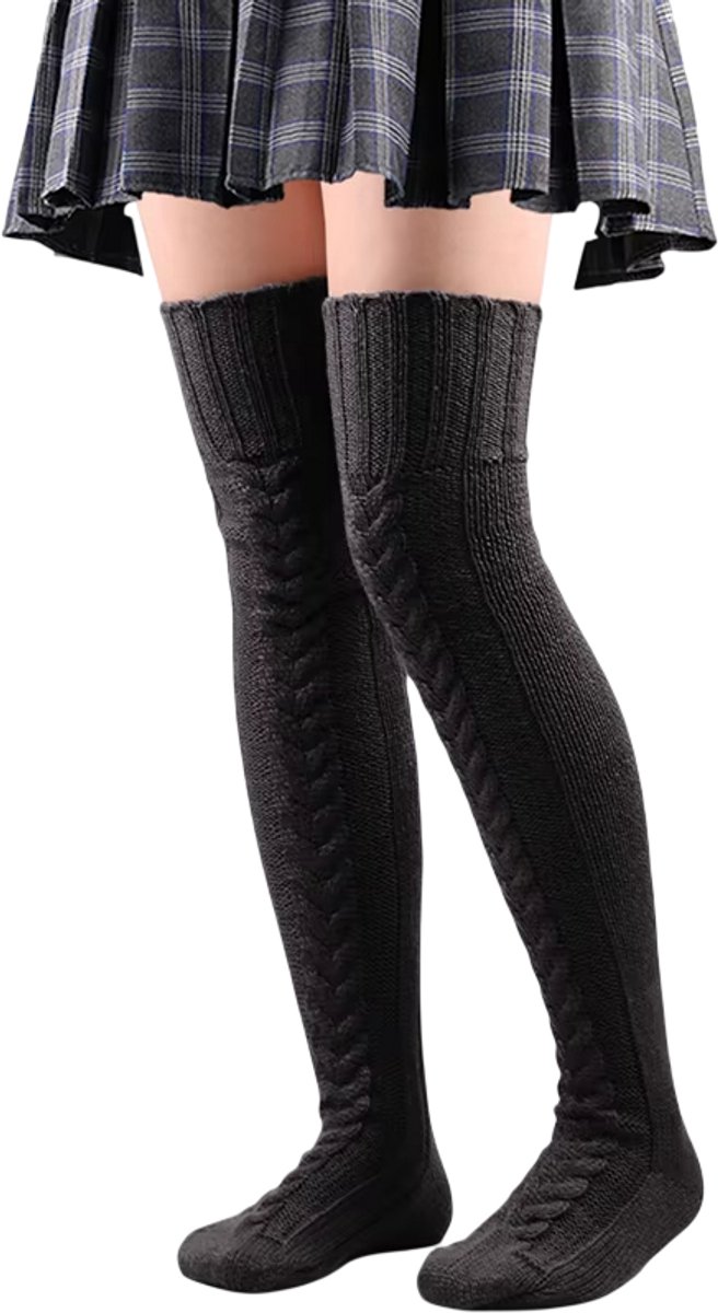 1 Paar Warme Dames Sokken – Dikke Gebreide Kniekousen Lange Wintersokken voor Dames Comfortabel en Warm Over de Knie Zwart