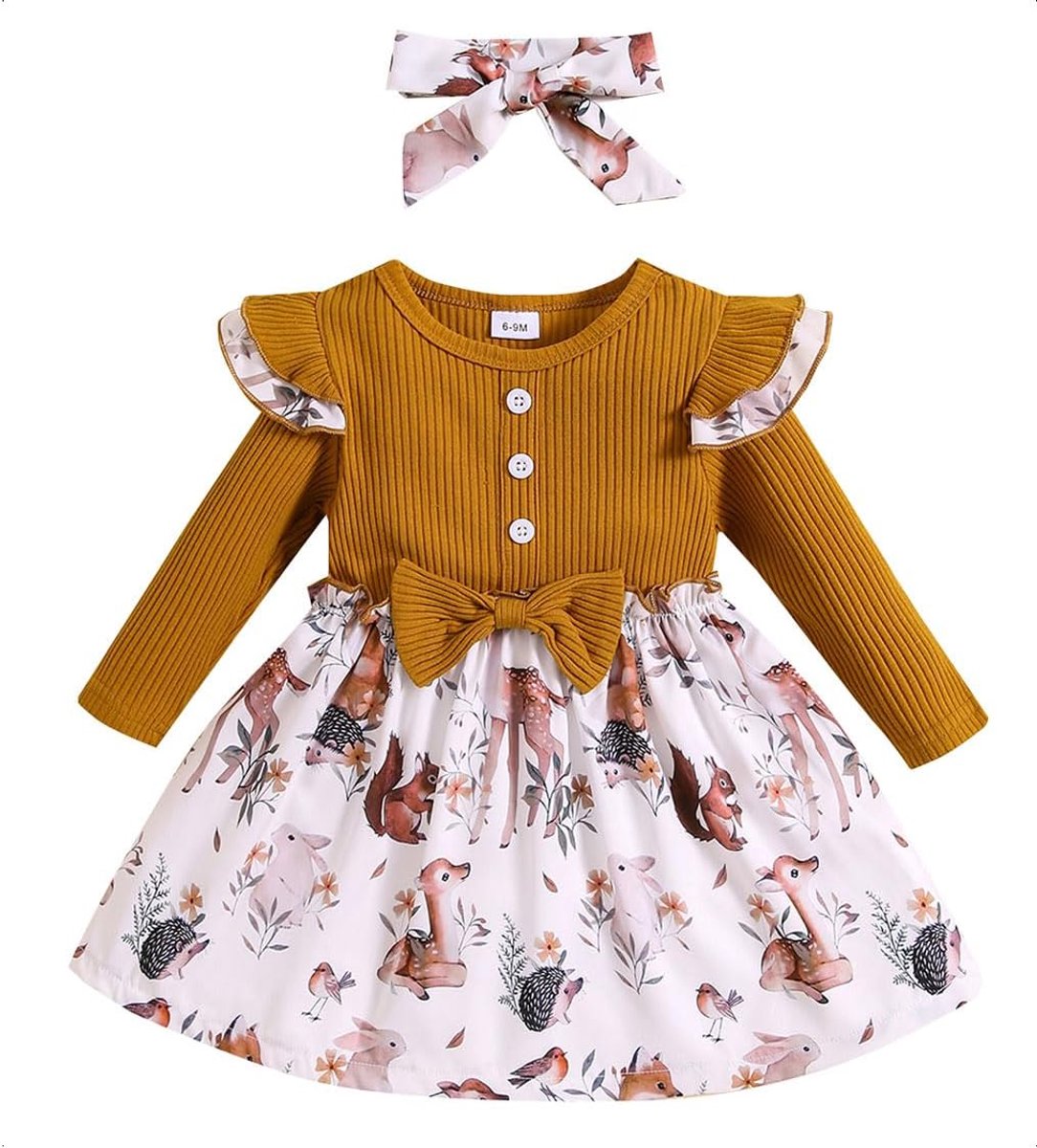 Babykleding voor meisjes, jurk met ruches, lange mouwen, jurk met strik + hoofdband, geribbelde jurk, babykleding, set, kledingset, lente, herfst, winter, voor 0-3 jaar (kerst/dierpatroon)