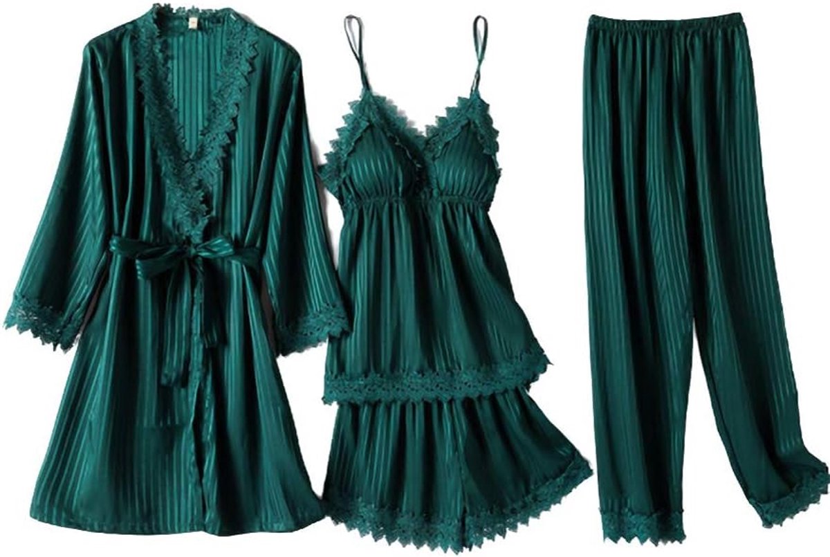 4pcs Dames Zijde Pyjama Satijn Toga Sets Kant Cami Sleepwear Nachthemd Zachte Pyjama Sets met Broek Badjas