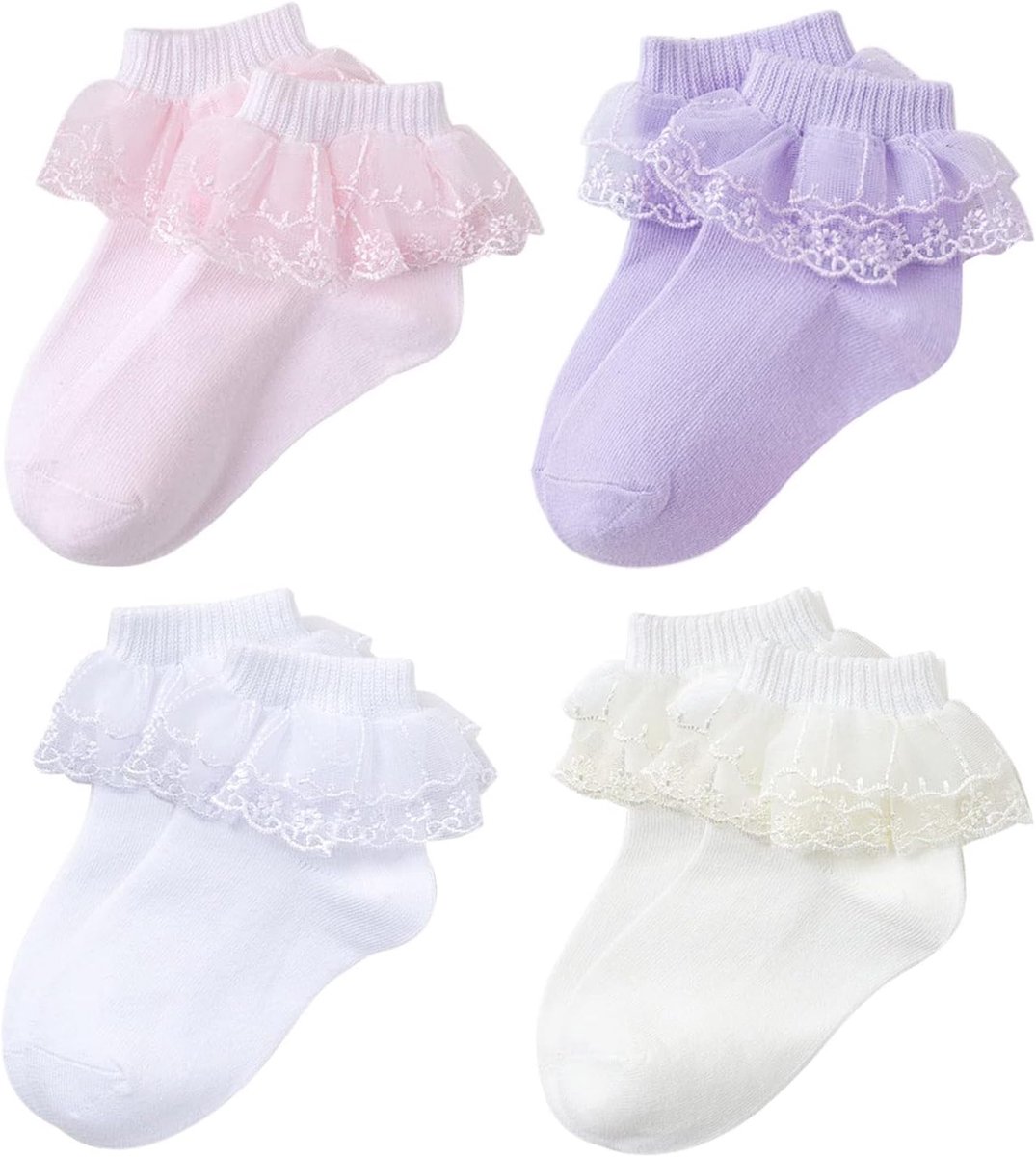 Set van 4 sokken met ruches voor meisjes, schoolsokken, voor kleine meisjes, 1-10 jaar
