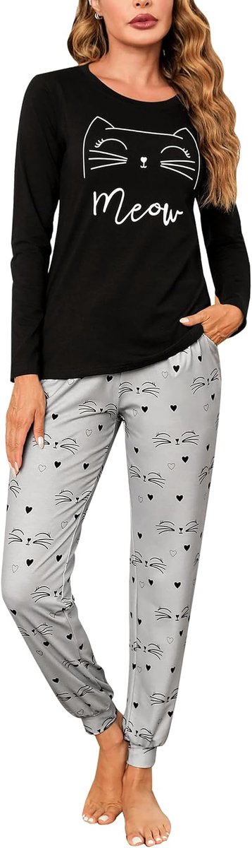 Katoenen Pyjamasets met lange mouwen, dames, nachtkleding met ronde hals, top met kattenprint en pyjamabroek