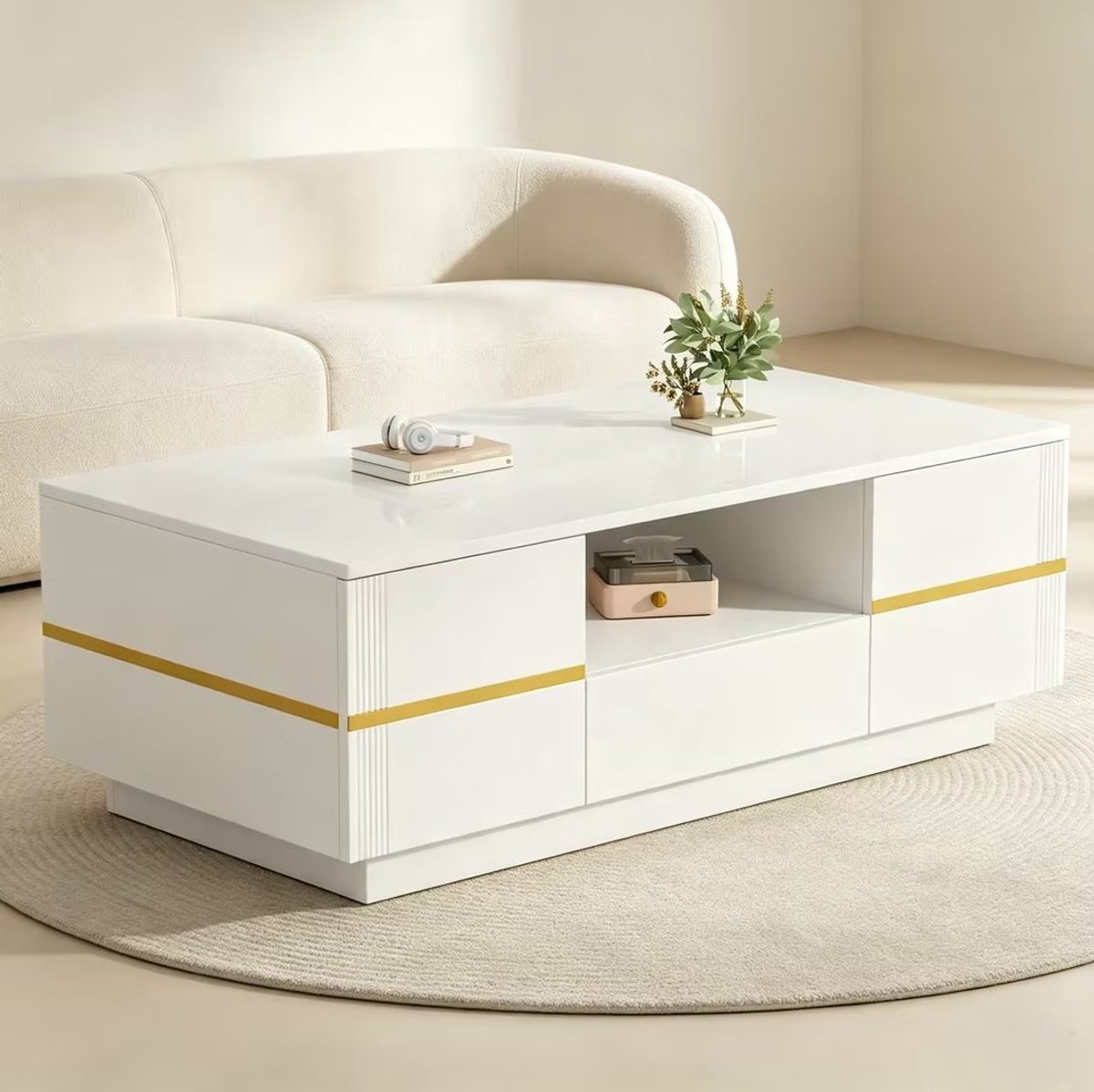 STILVORA Salontafel - Hoogglans Opbergruimte Met Deuren En Lade - Voor Woonkamer - MDF - 100x50x35,5 Cm - Wit Met Gouden Accenten
