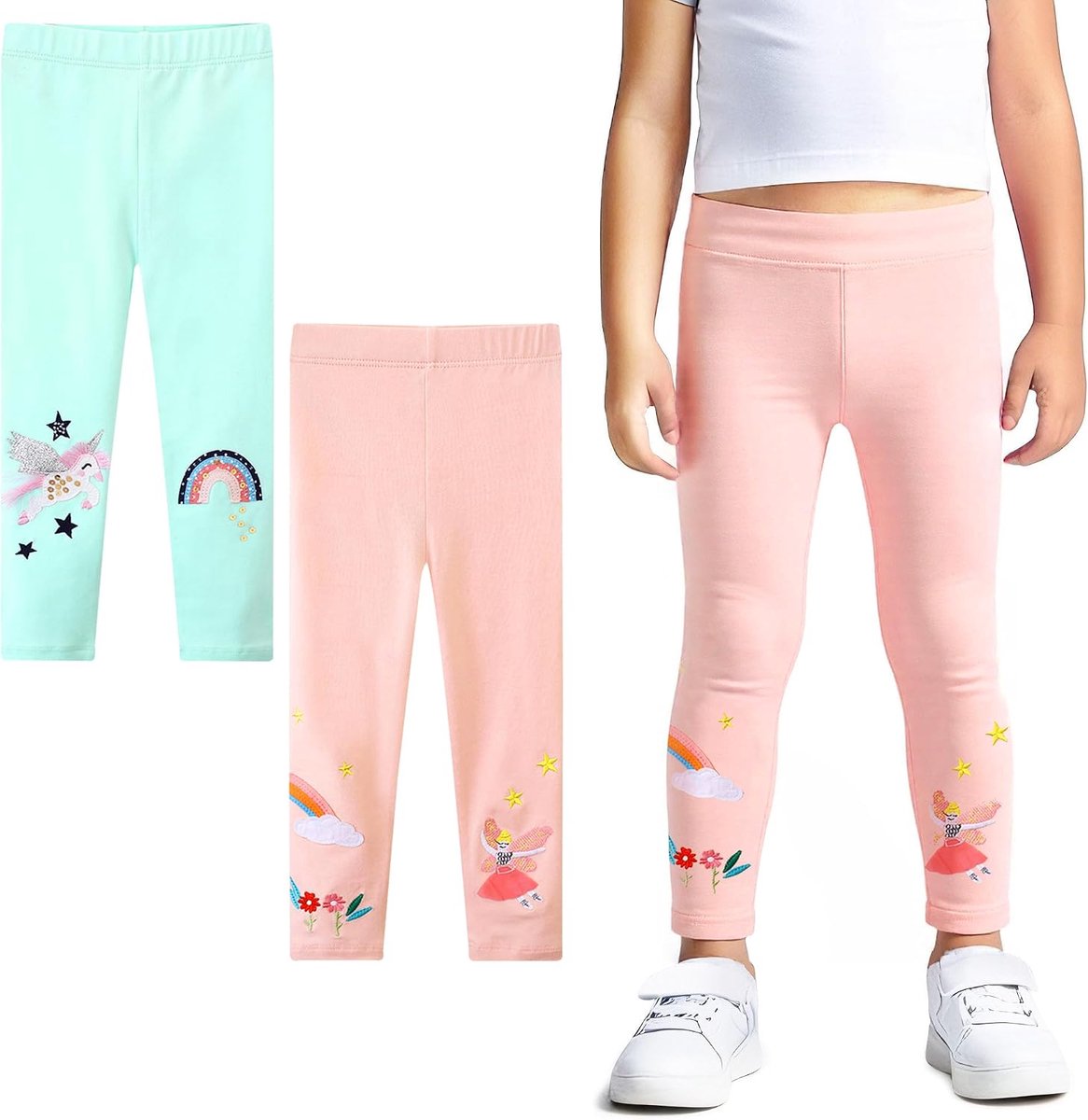 Leggings Meisjes Kinder Katoenen Stretch Broek 2-Pack Printed Pailletten Legging Lengte Broek Veelkleurig Appliqued Gym Broek Casual School Lente Herfst Activewear Voor Kinderen Maat 92-122